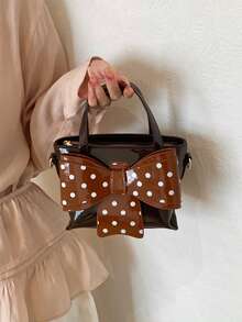 1 pièce Nouveau sac à main élégant pour femme, sac seau bandoulière/croisé, couleur unie en PU avec éléments à pois, décoration nœud papillon, chic et polyvalent pour les sorties, les courses, les rendez-vous, etc. - Tabac - Voir 5