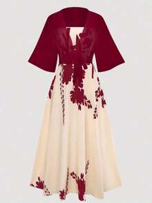 2pcs Women's Elegant Floral Chiffon Dress And Jacket Set, Romantic Outfit For Date And Vacation Spring - 酒紅色 - 查看 4