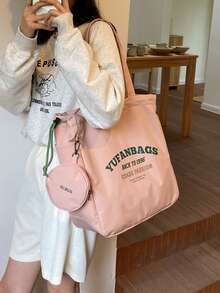 Korean & Japanese Style Drawstring Canvas Tote Bag With Coin Purse, 2pcs Set, Fashion Minimalist Large Capacity Shoulder Bag, Casual Versatile Letter Print Handbag, Suitable For Daily Use, School, College, Short Trip - Pink - View 5