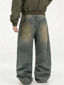 1条男士宽松复古水洗休闲阔腿牛仔裤，美式街头风格（不含腰带和配饰） - 藍色 - 查看 2