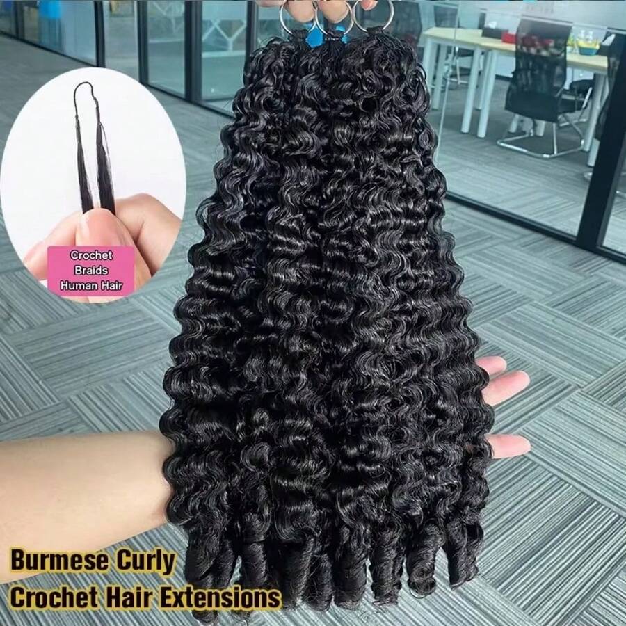 bling hair 20 22 Inch Burmese Curly Feather Crochet Human Hair 14 16 Inch Extensions Human Crochet Hair Pre Looped 50g Reusable Invisible Pre-Separated Knotless 100% Virgin Human Hair Crochet Bundles Natural Black - Natural Black - Xem 1