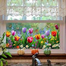 1pc Spring Tulip & Butterfly Glass Sticker, Colorful Floral Window Decor, Self-Adhesive & Removable - Multicolor - View 6