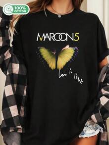 Unisex-T-Shirt aus bordeauxroter Baumwolle mit Schmetterlingsmuster, Vintage-Rock-Design, bequeme, lockere Passform für Musikliebhaber - Schwarz - Übersicht 6