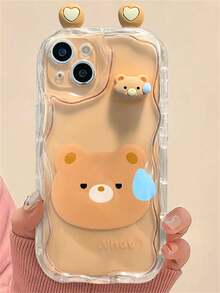韩版可爱3D眼睛透明波浪纹手机壳，适用于 17 Pro Max Air 16 15 14 13 12 11 Pro Max Plus，可爱动物和女孩设计，柔软防震保护套 - 棕色 - 查看 3