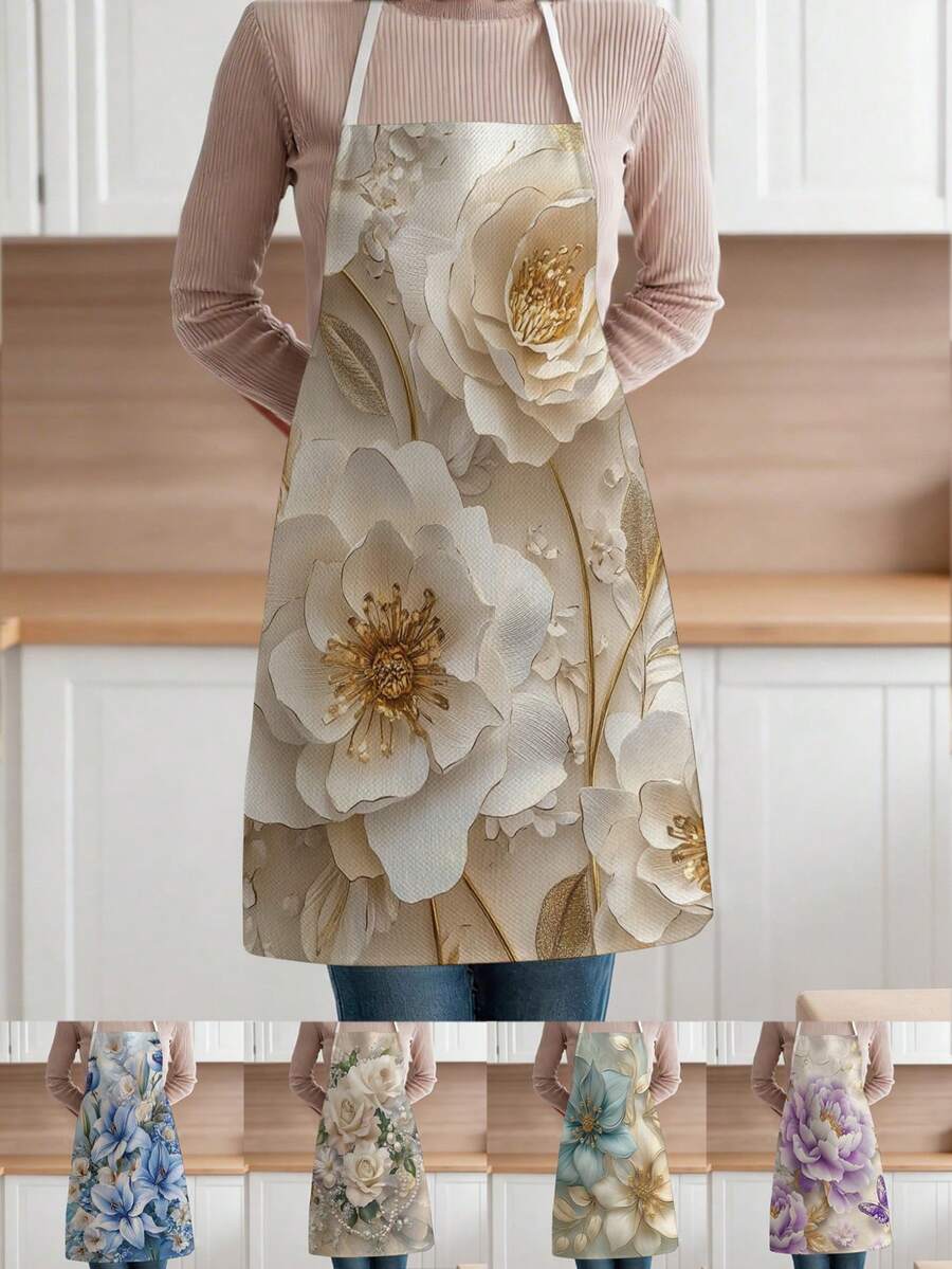 1pc, Flowers Pattern Polyester Apron, Suitable For Cooking, Baking, And Gardening - Can Be Used As Attire For The Kitchen And Dining. - Multicolor - View 1