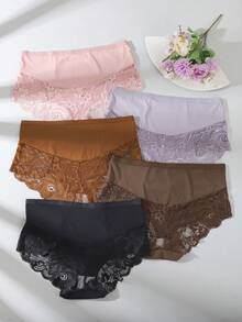 5pcs/Pack Plus Size Women's Solid Color Lace Patchwork Comfortable Sexy Briefs - Multicolor - View 2