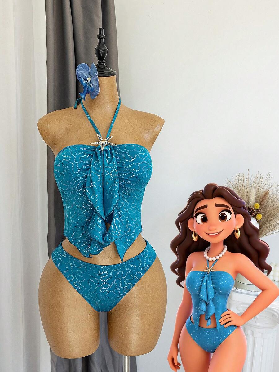 Set Camisole & Bikini Musim Panas Wanita dengan Motif Bintang Laut dan Hiasan Ruffle di Bagian Bawah untuk Liburan Pantai. - Teal Blue - View 1
