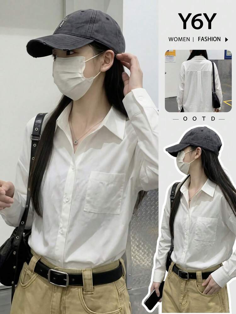 Áo kiểu dài tay màu trắng trơn, có túi, kiểu dáng mùa hè mới của Y6Y dành cho nữ. - trắng - Xem 9