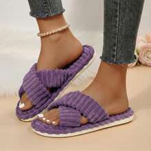 Womens Slippers Open Toe Indoor Memory Foam Slide Cross Band Outdoor - Purple - View 7