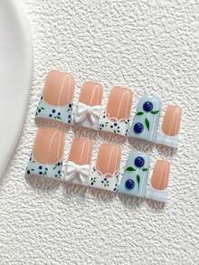 10Pcs Fresh And Sweet Berry Style Handmade Nail Art Set,Unghie Press On,White Bow,Blueberries, Stripes,Blue And White Nail Polish,Dreamy,Includes Nail Tools,3 Sizes Available,Almond Nails , Duck Nails,Coffin Nails For Party, Dance, Daily Wear. - 彩色 - 查看 2