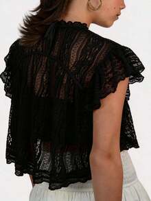 Women's Sleeveless Solid Lace Sheer Ruffle Trim Mock Neck Tie Back Crop Top, Cold Shoulder 2026 Summer Y2K Boho Casual Going Out Blouse - Negro - Ver 2