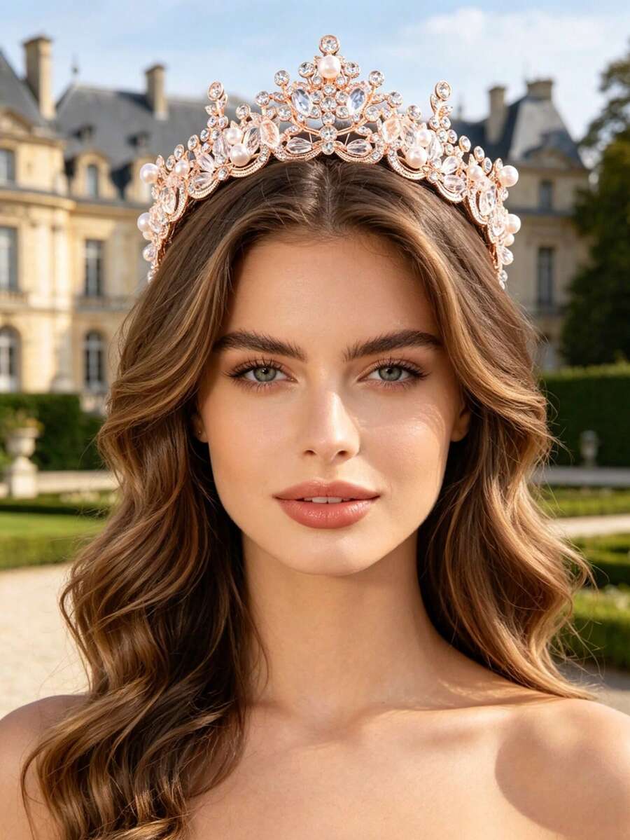 1 pieza Corona de estilo barroco hecha a mano de cristal y aleación, adecuada para accesorios de boda, festival y fiesta de cumpleaños de mujer - Champán - Ver 1
