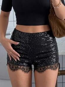Quần short đen đính sequin viền ren, quần short cạp cao lấp lánh, quần short gợi cảm dành cho nữ dự tiệc và đi club mùa hè. - màu đen - Xem 8