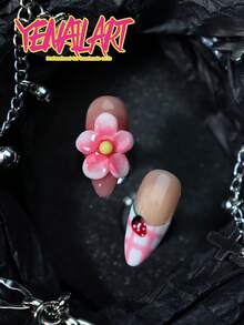 10Pcs Pressed Acrylic Almond Nails, Natural Base With White & Pink French Tips And Plaid Patterns. Adorned With 3D Flowers And Strawberry Motifs, Elegant And Lovely Full Cover Nails. Great Summer Picks For Weddings, Parties And Daily Wear, Nail Art Handmade Press On Nails - Pink - View 6