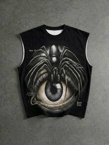 Men's Double-Sided Printed Sleeveless T-Shirt, Front & Back Spider Eye And Gothic Letter Print, Y2K Workwear Style, Soft Breathable Fabric, Summer Muscle Tank Top - Black - View 4