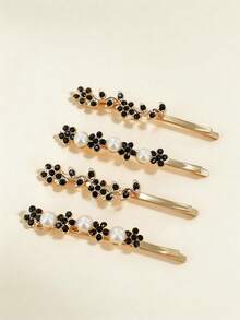 1pc Alloy Crystal Rhinestone Gold Leaf Hair Clip, Elegant Bangs Hairpin, Delicate Pearl Flower Side Clip, Lovely Hair Accessory For Women - Black - View 7