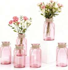 Vintage Glass Flower Vase, Farmhouse Glass Centerpiece Vases Mason Jars For Weddings, Parties & Home Decor Bulk (12, Transparent)  Bud Vases For Flowers For Rustic Wedding KDW8 - 粉紅色的 - 查看 1