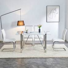 Modern Esszimmerstühle 2er Set, Rückenlehne Aus PU Kunstleder Und Leinen, Hoher Rücken Gepolstert Side Chair, Querstreifen Rückenlehne Design Für Esszimmer, Küche, Gast Bürostuhl, White - White - View 6