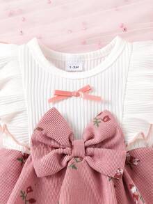 1pc Baby Girl Cute Ruffle Trim Rib Knit Embroidered Corduroy Romper Dress, Lightweight Summer - White - View 4