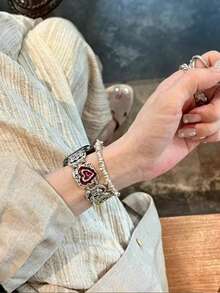 金属心形手镯，方形手工饰品，手镯，Y2K 前卫风格，油滴效果，男女皆宜，玉石，轻奢，时尚，四边形 - 彩色 - 查看 2