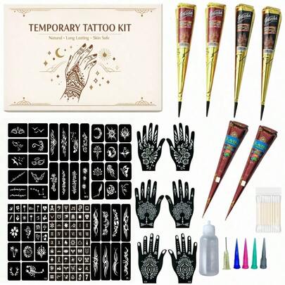4/6pcs Tattoo Stencil Set, Kaveri/Goresha 3 Colors Herbal Tattoo Paste, With Gloves & Brush, DIY Body Art Design, Suitable For Women & Men Party Gift