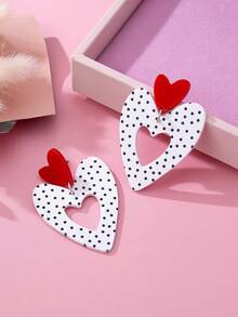 1 par de pendientes colgantes de corazón y gota de agua de acrílico con estampado de lunares en blanco y negro, adecuados para uso diario - Multicolor - Ver 3