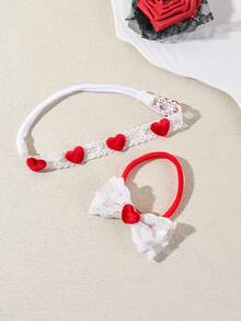 Set de 2 diademas para bebé con bordado floral de encaje y lazo, diadema con forma de corazón rojo de amor, accesorios de cabello suaves y cómodos sin costuras, adecuados para uso diario y el Día de San Valentín - Multicolor - Ver 3