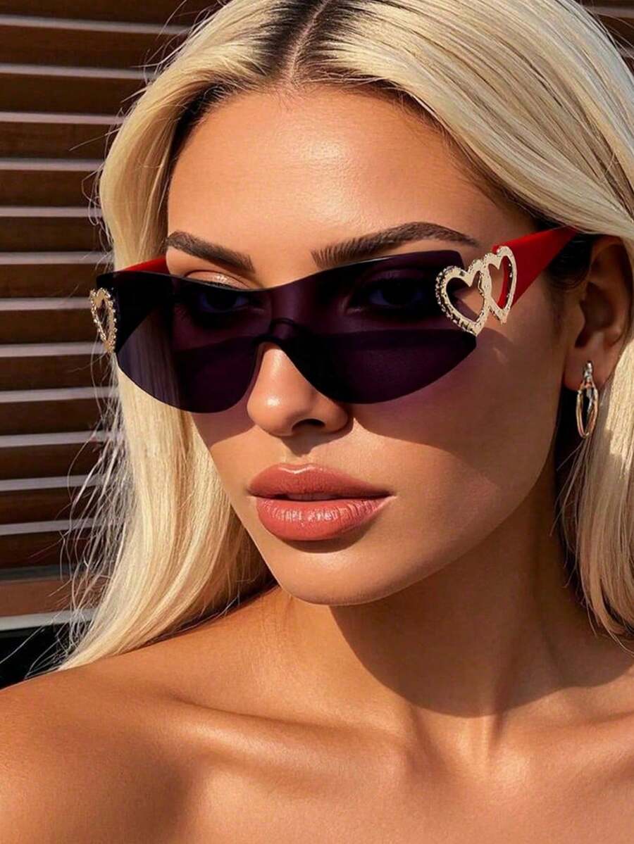 1pc Frameless Linked Heart Metal Decor Y2K Style Fashion Glasses, Suitable For Beach, Party, Gift, Vacation - 灰片紅腳 - 查看 1