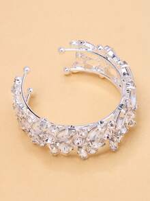 1pc Fashionable Asymmetrical Crystal Leaf Bangle, Versatile Niche Design Luxury Fully Paved Rhinestone Wedding Accessory For Women - Silver - View 5