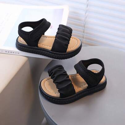 Girls' Black Pleated Adjustable Sandals, Soft Non-Slip Open Toe Summer Shoes, Breathable Casual Flat Sandals, Fashion Comfortable Toddler Beach & Daily Outdoor Wear