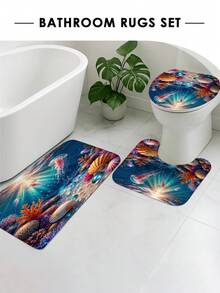 梦幻海底水母浴帘套装(1/3/4件),珊瑚礁贝壳阳光印花防水防霉浴室浴帘,涤纶柔软防滑浴室地垫套装(马桶座套+U型地垫),带12个挂钩,四季皆宜,梦幻海洋主题浴室装饰配件,适合日常居家使用、出租房翻新、节日浴室焕新、淋浴分隔,乔迁/生日/儿童节/母亲节/父亲节礼物 - 深海實景 - 查看 5