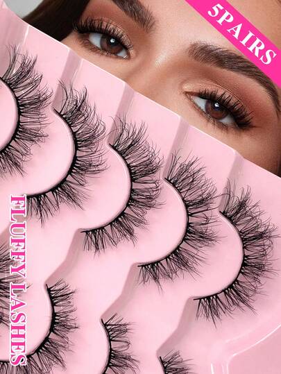 ENCHUW 5 Pairs Fake Eyelashes Fluffy Faux Mink Lashes Volume Eye Lashes Strips Natural Look False Eyelashes For Daily Wear