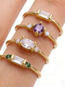 Bộ 4 chiếc nhẫn đá Cubic Zirconia thời trang, thanh lịch dành cho nữ, thích hợp cho lễ đính hôn, đeo hàng ngày, dạo phố và dự tiệc. - Vàng - Xem 2