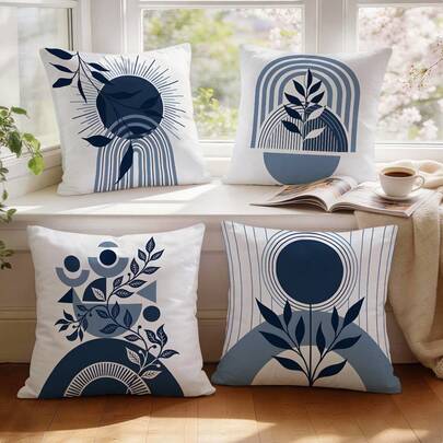 4pcs Minimalist Plant Line Indigo Abstract Pattern Cushion Cover/Pillow Sham, Single-Sided Printed Decorative Throw Pillow Case For Living Room Sofa Bedroom, Without Pillow Insert, 40x40cm/45x45cm/50x50cm