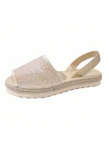 新款优雅杏色蕾丝网面露趾平底凉鞋，适合夏季约会、度假和旅行。 - 杏色 - 查看 7