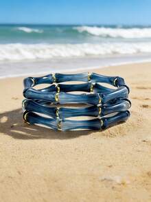 3 pièces Bracelets élastiques à nœud de bambou style chinois pour femmes, peuvent être empilés ou partagés avec la famille/les amis/les couples, conviennent à toutes les saisons, pour un port décontracté et de vacances - Bleu azur - Voir 1