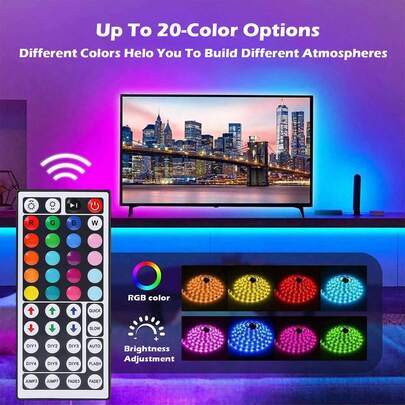 Dải đèn LED giao diện USB, trang bị điều khiển từ xa 44 phím. Dải đèn RGB có thể thay đổi màu sắc và điều chỉnh độ sáng. Thích hợp cho cầu thang, tủ kệ và chiếu sáng trang trí phòng trong nhà. Dải đèn tạo không khí lễ hội và tiệc tùng.