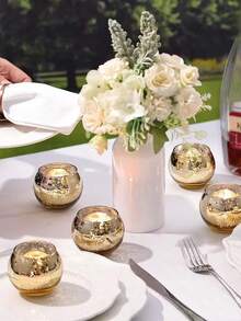 1pc Gold Round Glass Candle Holder, Suitable For Wedding Table Decor, Birthday Party Celebration, Home Room Decoration - Multicolor - View 6