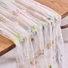 Embroidered Sage Green Tulle Table Runner With Butterfly Flower Design | Ideal For Weddings, Spring/Summer Parties, And Various Occasions, Polyester Fabric - Small Floral Pattern - View 7