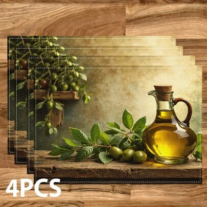 4 pièces/6 pièces/8 pièces Sets de table motif huile d'olive, convient pour table à manger, bar à café, toutes saisons, lavable, décoration pour chambre, cuisine, fête intérieure/extérieure, maison, cadeau idéal