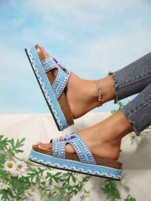 2026春夏新款女士凉鞋，双扣设计，镶钻时尚厚底拖鞋，随机花卉图案，度假海滩必备，适合全天穿着 - 藍色 - 查看 6