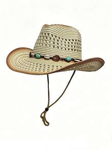 Unisex Brown Hollow Straw Cowboy Hat, Suitable For Outdoor, Casual, Beach, Vacation,Summer - A - View 7