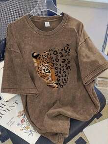 Nueva blusa de verano con estampado de cara de leopardo vintage, cuello redondo, teñido anudado y manga corta.Elegante y versátil para mujer. - Negro 4 - Ver 9