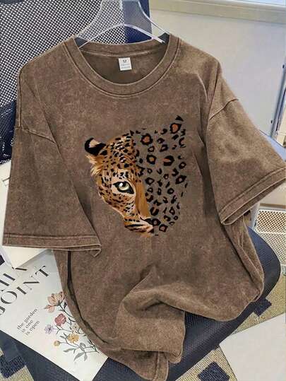 Nueva blusa de verano con estampado de cara de leopardo vintage, cuello redondo, teñido anudado y manga corta. Elegante y versátil para mujer.