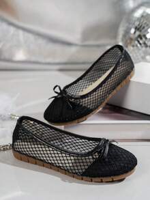 1 Pair Elegant Fishnet Bow Women's Shoes, Suitable For Daily Shopping - Black - View 5