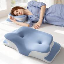 1pc Cooling Memory Foam Pillow, Butterfly Neck Pillow, Scientific Zoned Support For Cervical Spine, Slow Rebound Cotton Core With Unique Double Buckle Removable & Washable Cover - Dusty Blue - View 1
