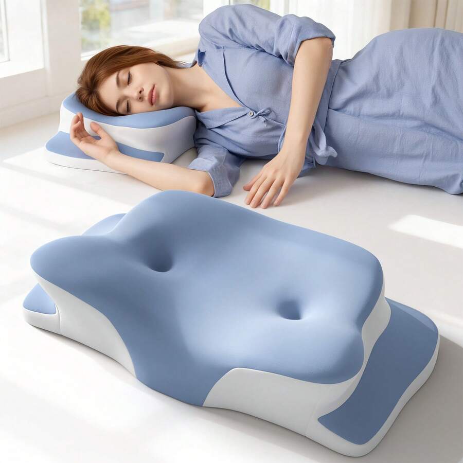 1pc Cooling Memory Foam Pillow, Butterfly Neck Pillow, Scientific Zoned Support For Cervical Spine, Slow Rebound Cotton Core With Unique Double Buckle Removable & Washable Cover - Dusty Blue - View 1