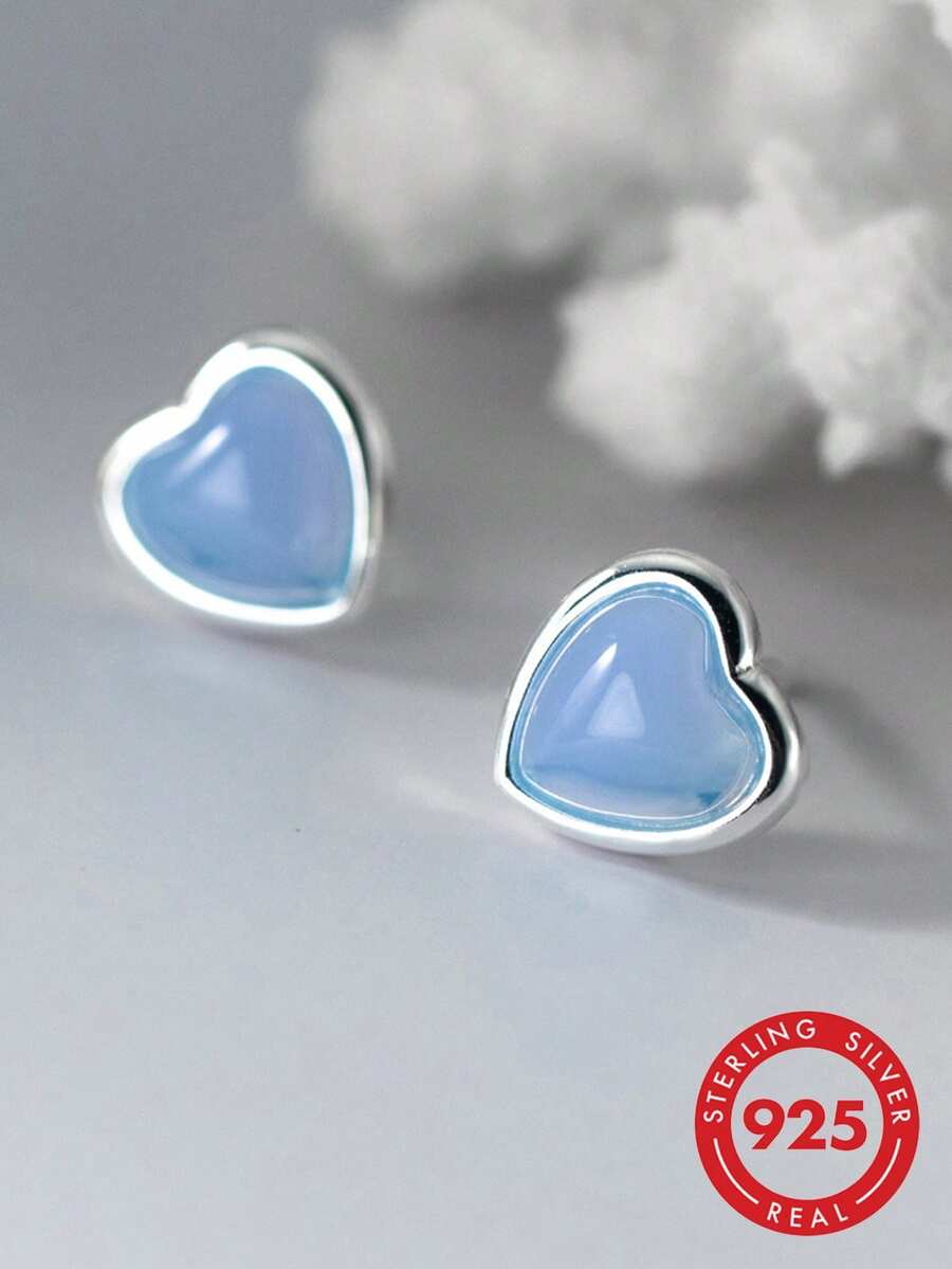 HuooNew 1 Đôi bông tai hình trái tim bằng bạc sterling 925, Quà tặng sinh nhật cho bé gái - Bạc - Xem 1