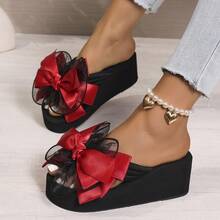 女士手工花朵蝴蝶结人字拖，TPR鞋底，6.5厘米鞋跟，防滑耐磨休闲沙滩夏季坡跟拖鞋，黑色 - 紅色 - 查看 2