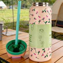 Water Bottle 32oz,Multiple Colors Are Available,With Straw,Heat Preservation Time More Than 24 Hours, Cold And Hot Water Can Be Insulated, Can Make Coffee, Frozen Drinks, Beautiful Appearance, Exquisite Workmanship, Suitable For Camping, Work, Indoor Use. - tea time-32oz - 查看 4